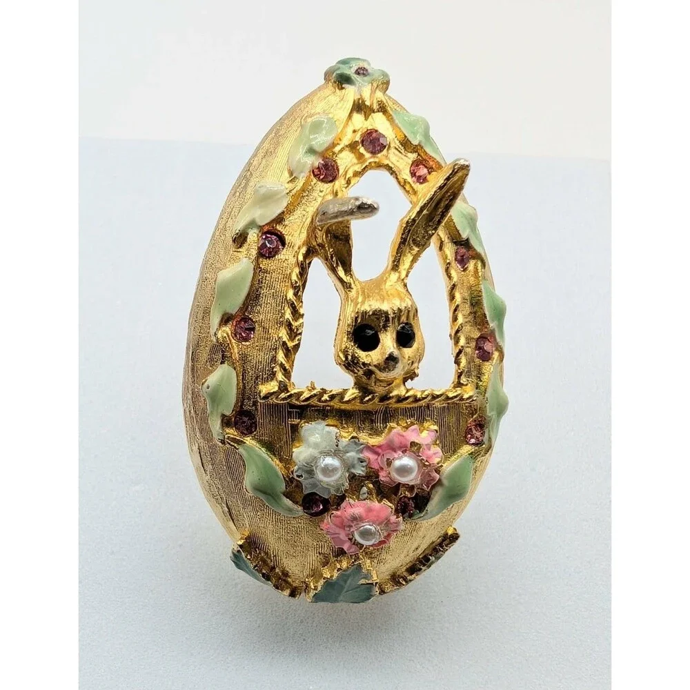 Vtg Mylu Easter Egg Bunny Brooch Pin Rhinestone Enamel Gold Tone